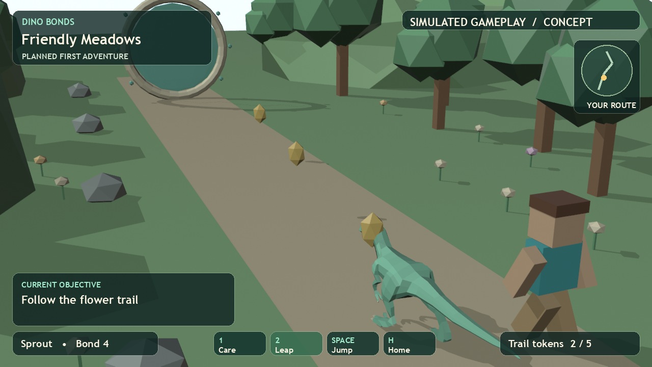 A mint green dinosaur and blocky keeper follow a meadow trail toward a portal in the animated 3D concept film.