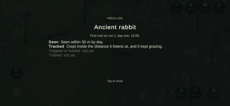 The field log page for the Ancient rabbit: seen and tracked earned, trapped and trained not yet