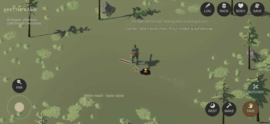The survivor standing at the fire with the finished spear