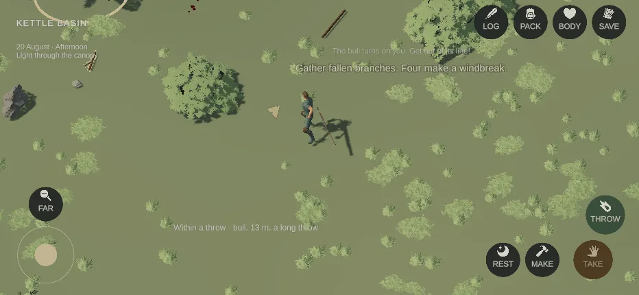 The survivor with a spear, the game warning that the bull has turned