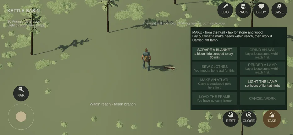 The make drawer open on its hunt page: blanket, awl, clothes, atlatl, lamp