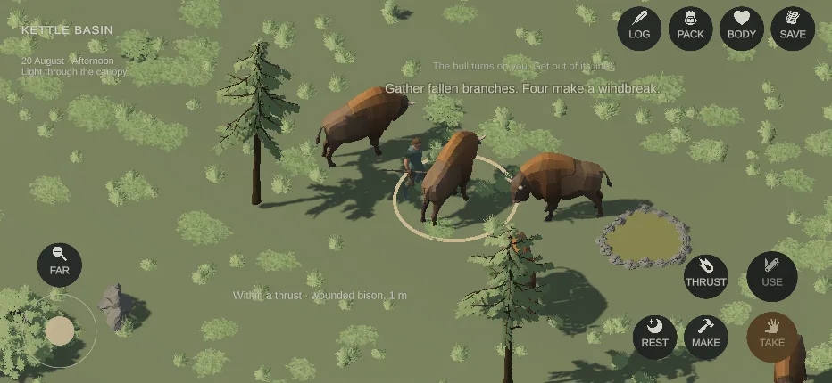 The survivor a metre from a wounded bison, the herd around them, the thrust button lit