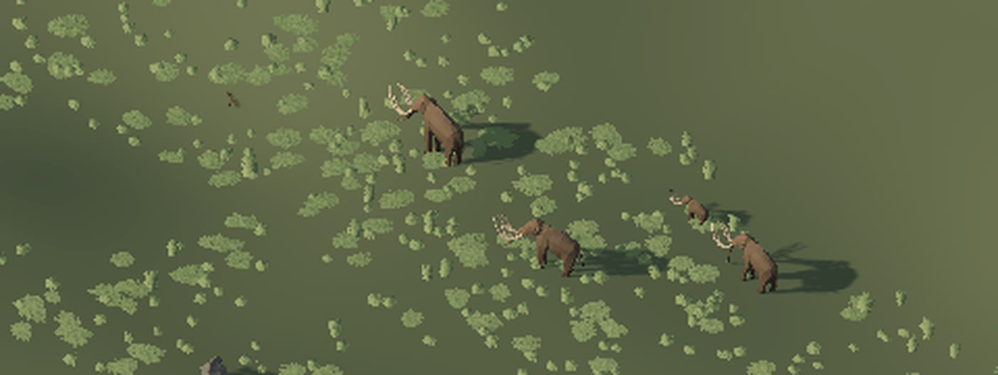 Four Columbian mammoths, a calf among them, grazing a meadow