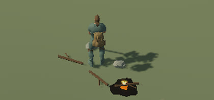 Close up: the survivor turning a pole over the coals