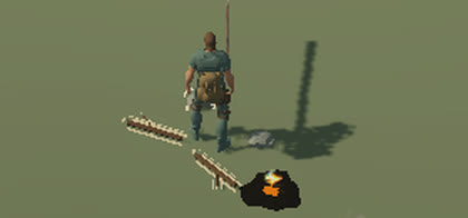 Close up: the survivor standing at the fire with the finished spear