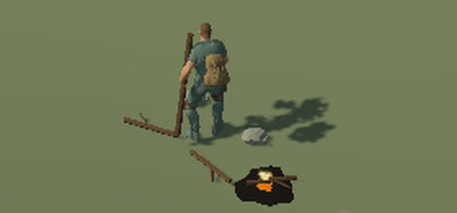 Close up: the survivor lashing branches across a pole