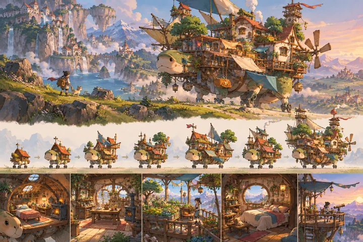 Turtle Hearth: painted fantasy home and expansion concept with creature body with wheel-foot details.