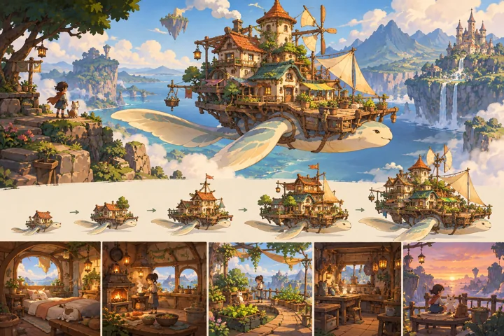 Cloud Turtle: painted fantasy home and expansion concept with flying creature.