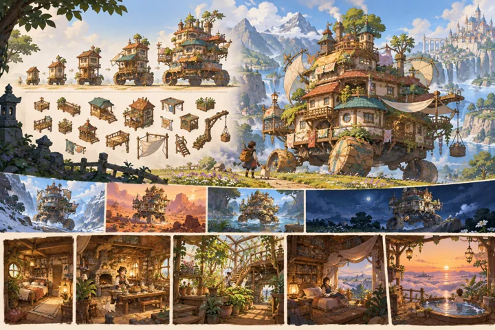 Mountain Roller: painted fantasy home and expansion concept with four large round wheels.