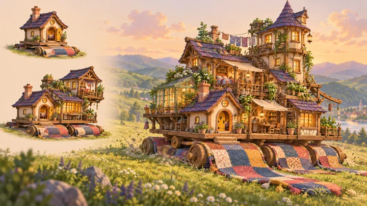 Rolling Quilt Home: painted fantasy home and expansion concept with multiple textile rollers.
