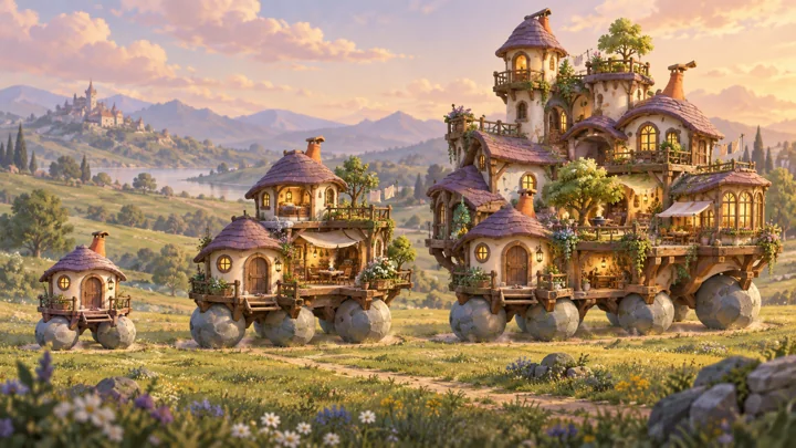 Boulder Hearth: painted fantasy home and expansion concept with large stone spheres.