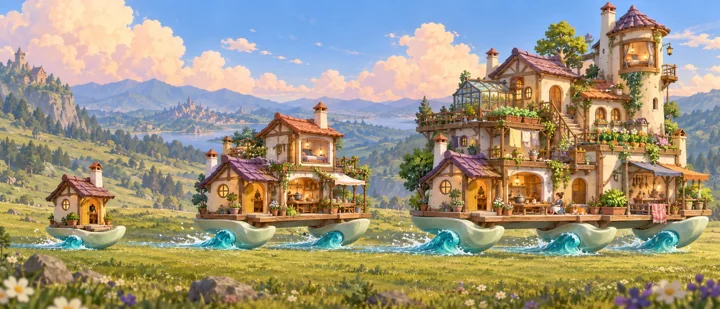 Wave Rider: painted fantasy home and expansion concept with travelling waves and curved float pods.