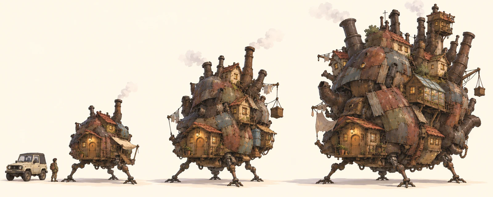 A painted growth study showing one small home expanding into increasingly irregular moving castles.