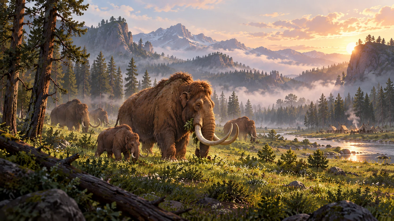 Living Collapse promotional illustration: mammoths and a calf in a forest valley at dawn