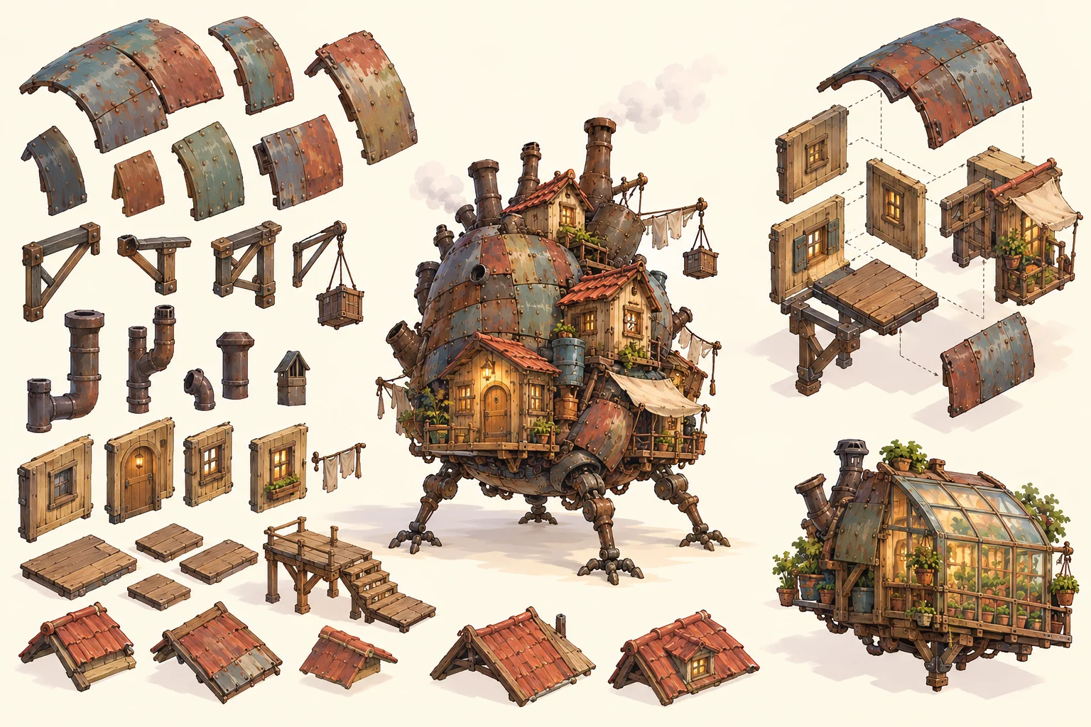 Concept study of separate wall panels, roofs, floors, support brackets and curved outer shell pieces.